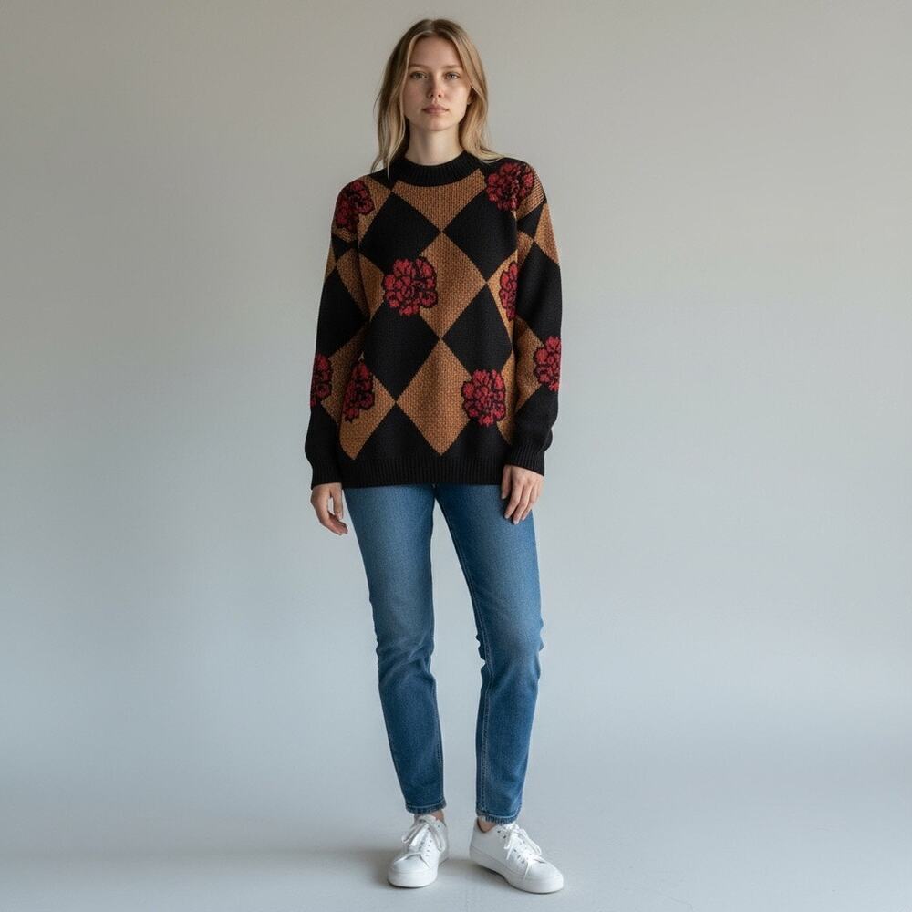 VTG DANA SCOTT Sweater Womens Sz M Red Gold harlequin/floral OVERSIZED pullover